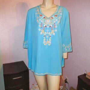 Floral Embroidered Boho Blouse Top Womens 2X Turquoise 3/4 Sleeves Lined V-Neck